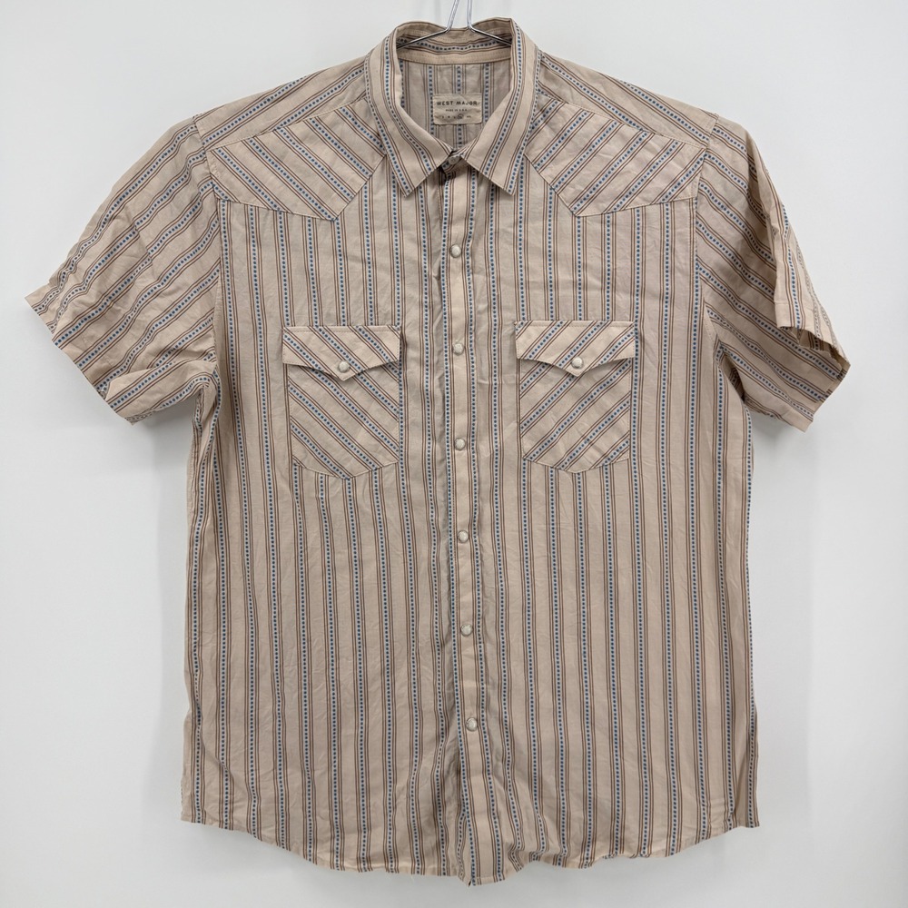 West Major Western Shirt Mens XL Tan Blue Striped Cotton Pearl Snap Short Sleeve